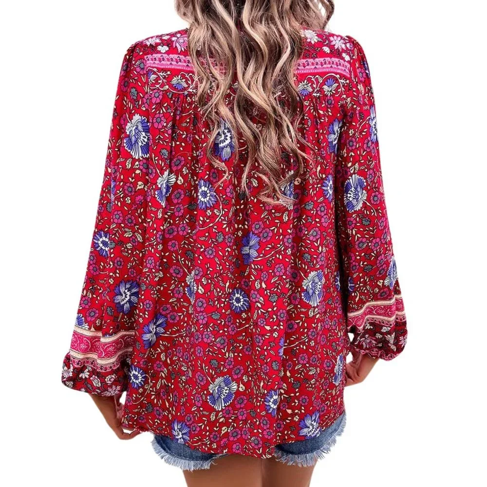 Floral Boho Top Long Sl Blouse Print Cross Deep V Size S Beautiful Red Blue Pink - Picture 2 of 3